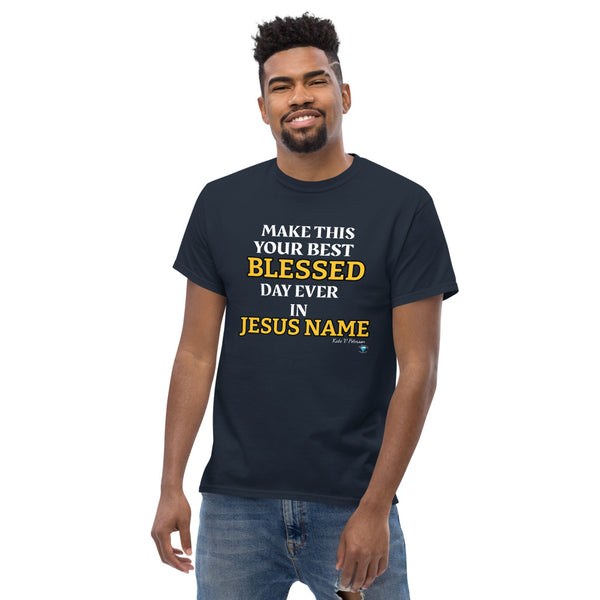 Blessed Day Men's heavyweight T-Shirt w/ back Scripture