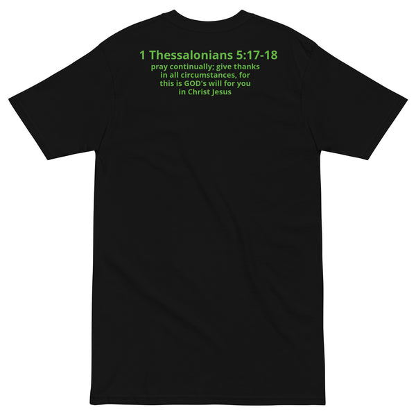 Get on My Level Men’s premium heavyweight tee w/ Back Scripture